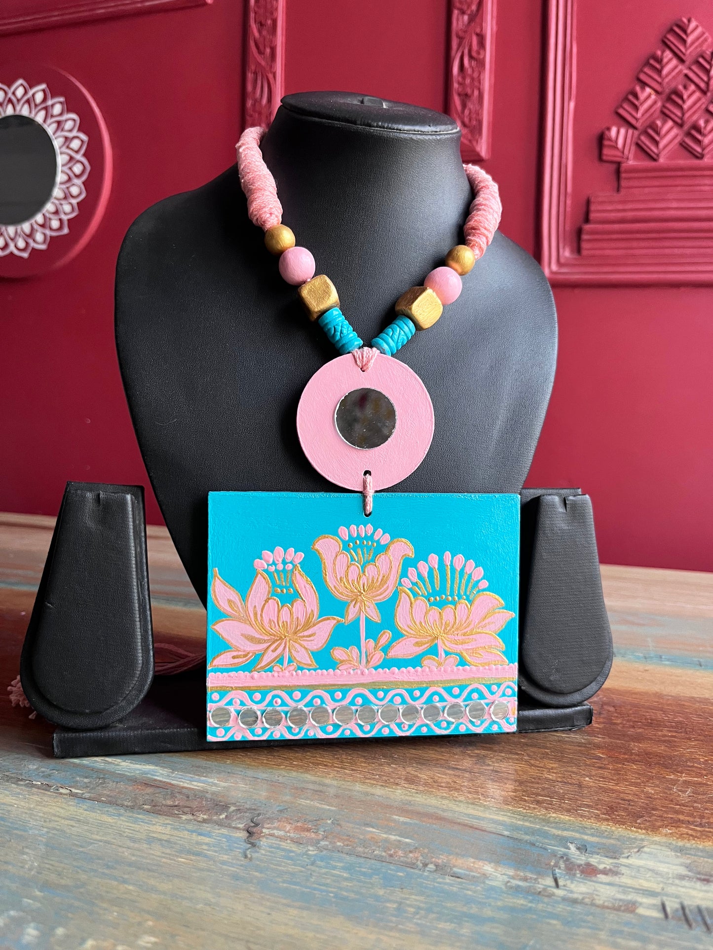 Hand-Painted Modern Lotus Necklace with Mirror work