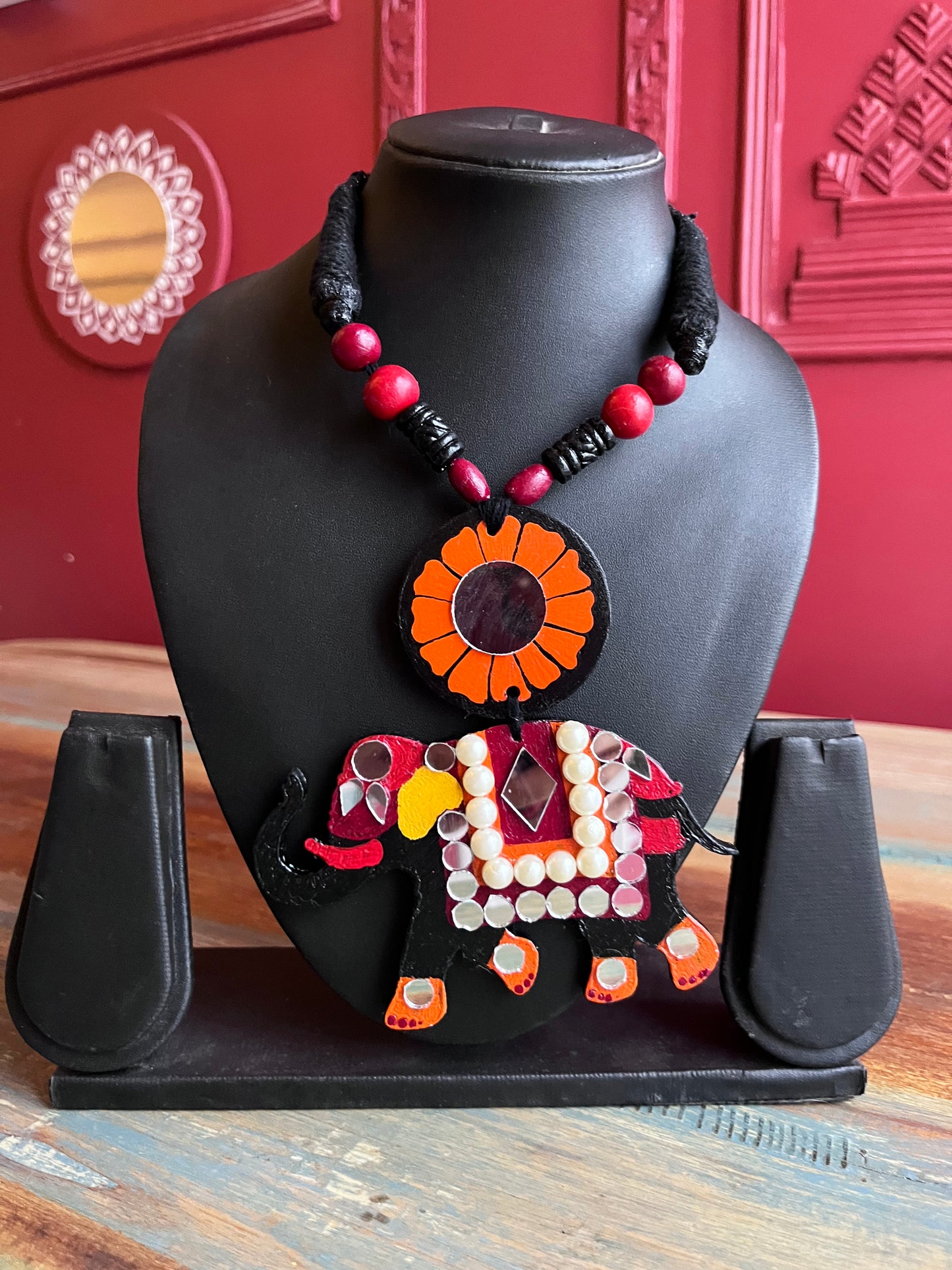 Hand-Painted Elephant Necklace with Beads And Mirrors