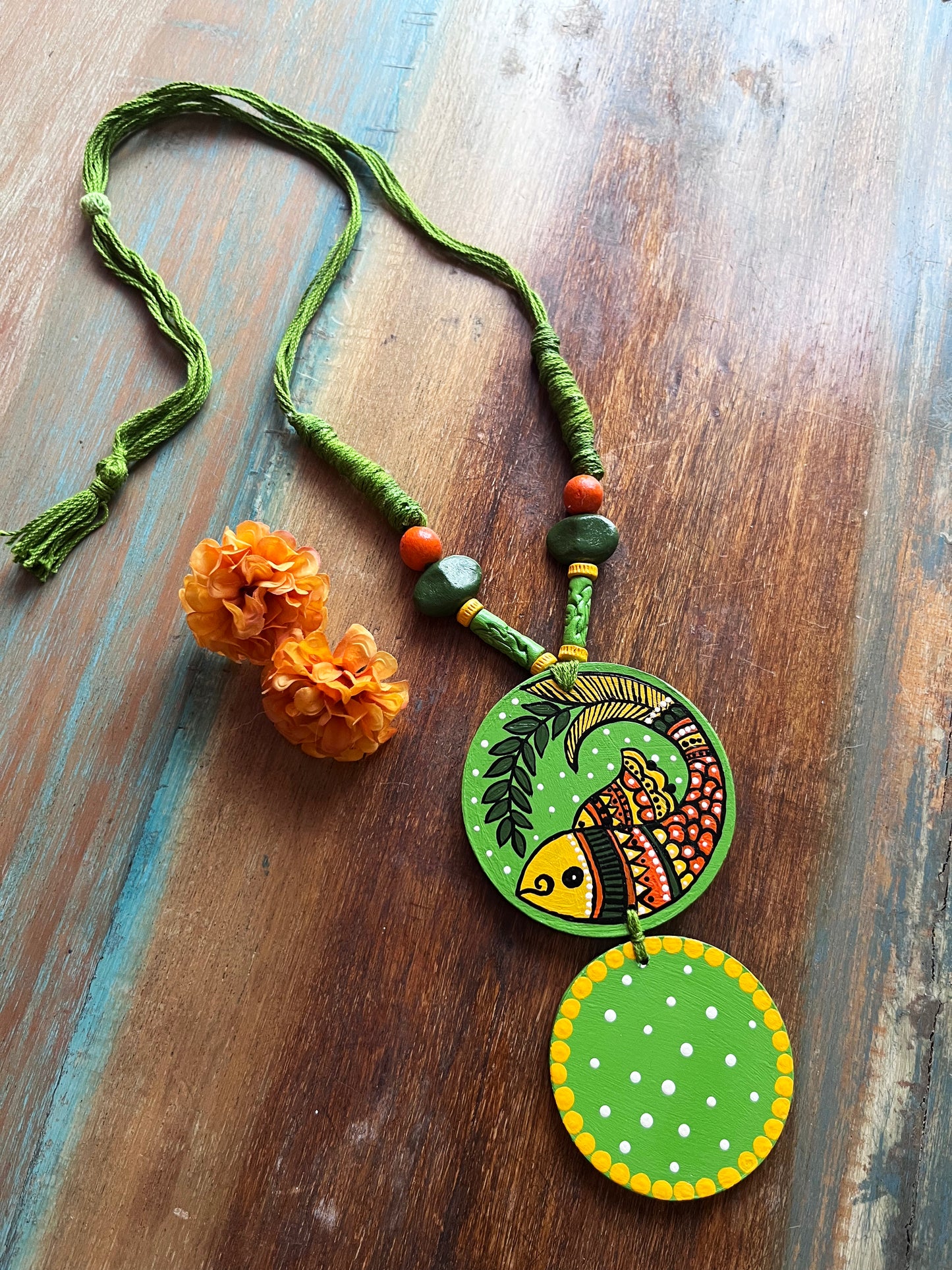 Hand-Painted Madhubani Necklace - Vibrant Fish Design