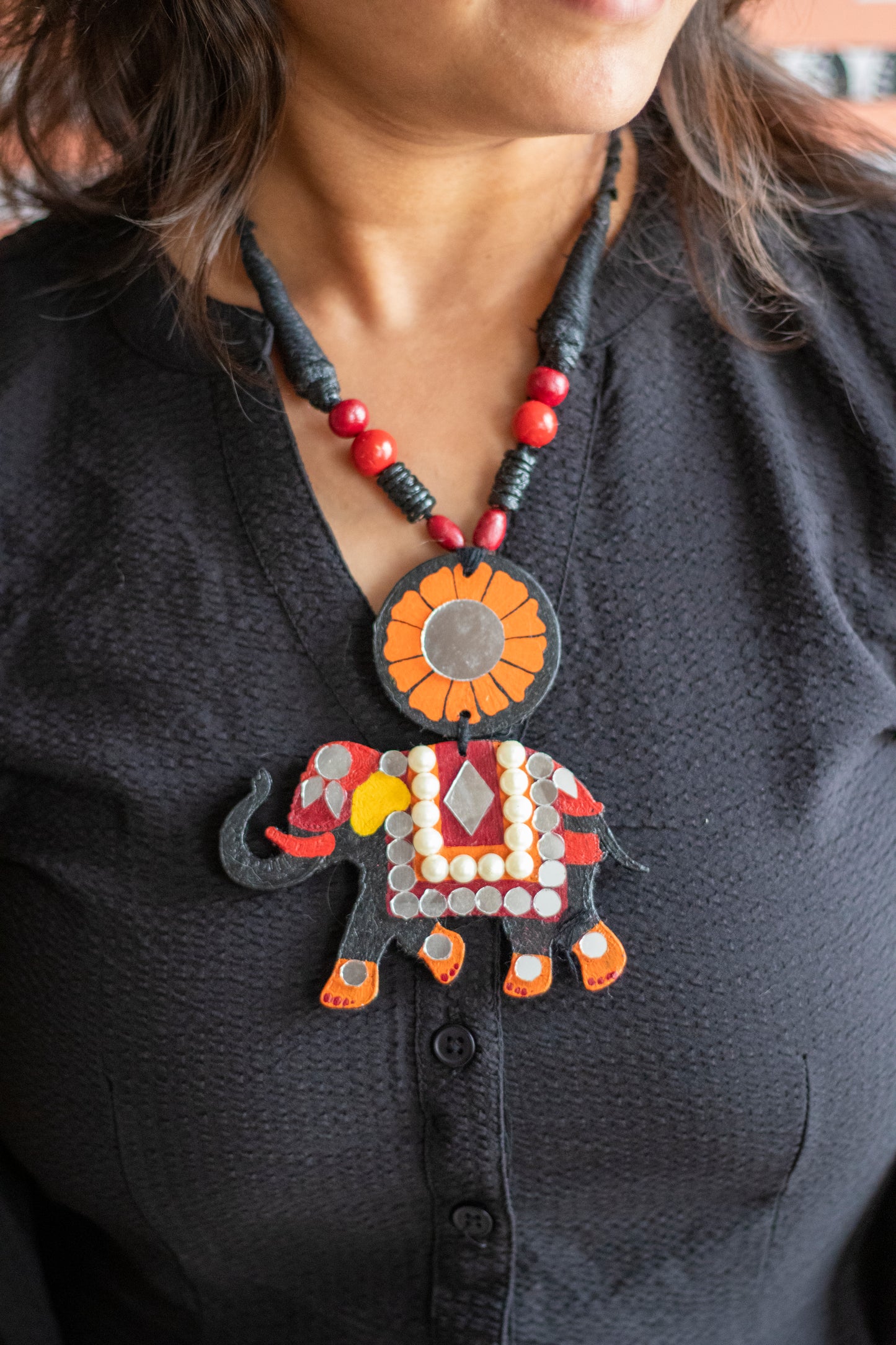 Hand-Painted Elephant Necklace with Beads And Mirrors
