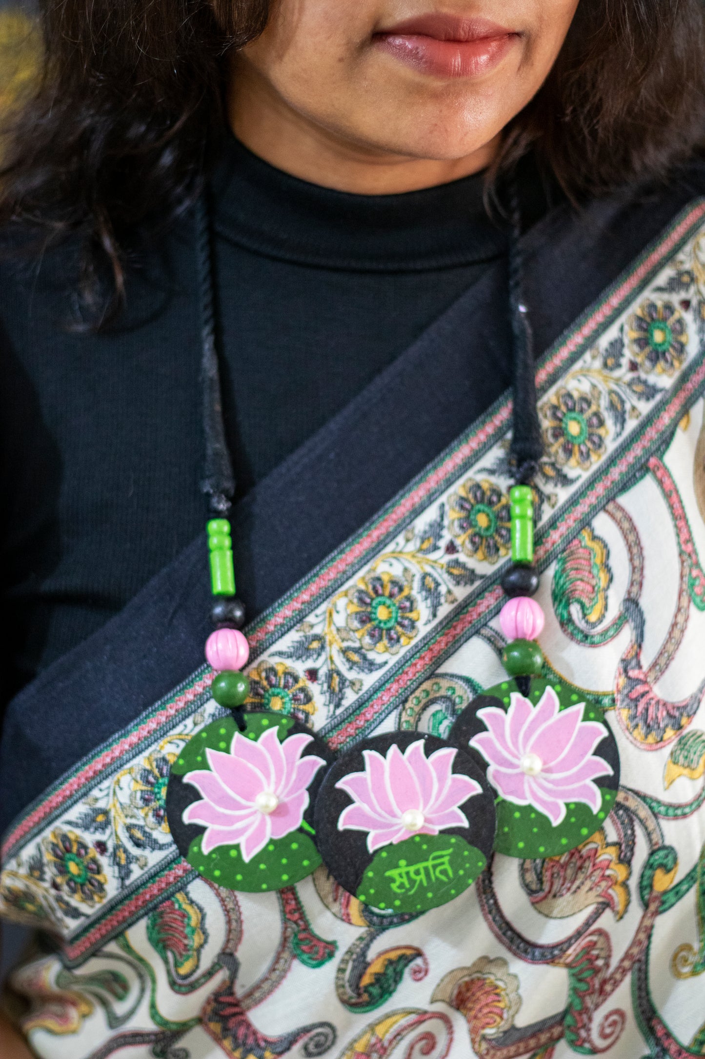 Hand-Painted Lotus Necklace with "Samprati" Inscription