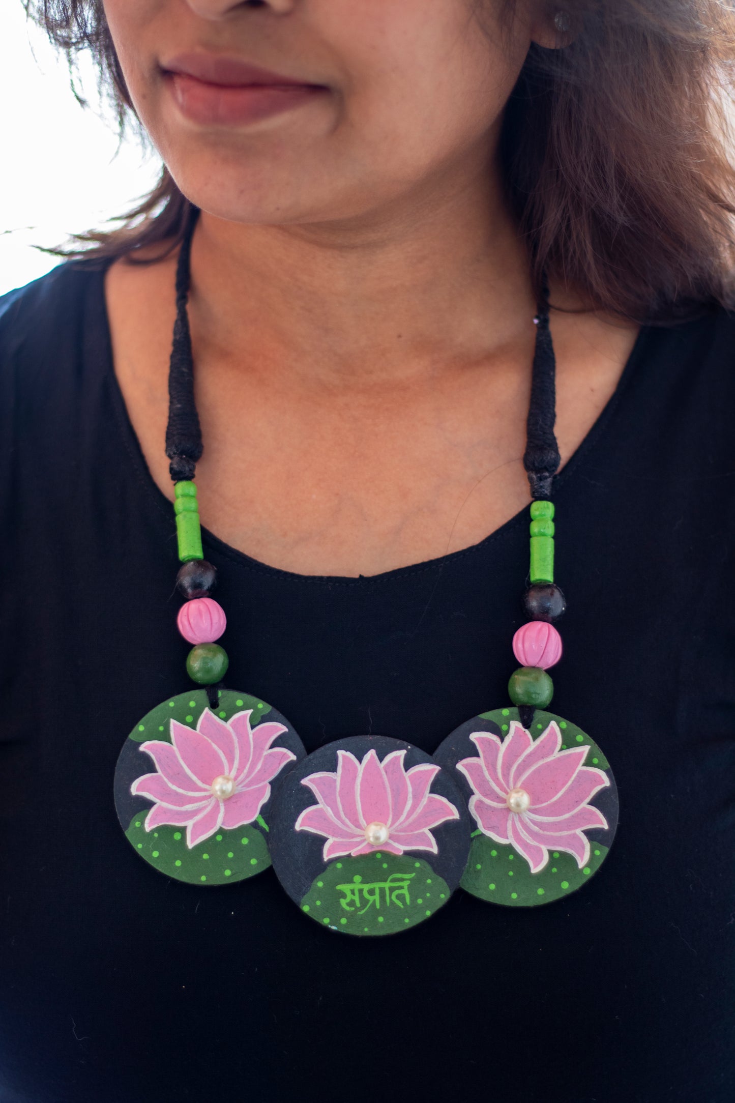 Hand-Painted Lotus Necklace with "Samprati" Inscription