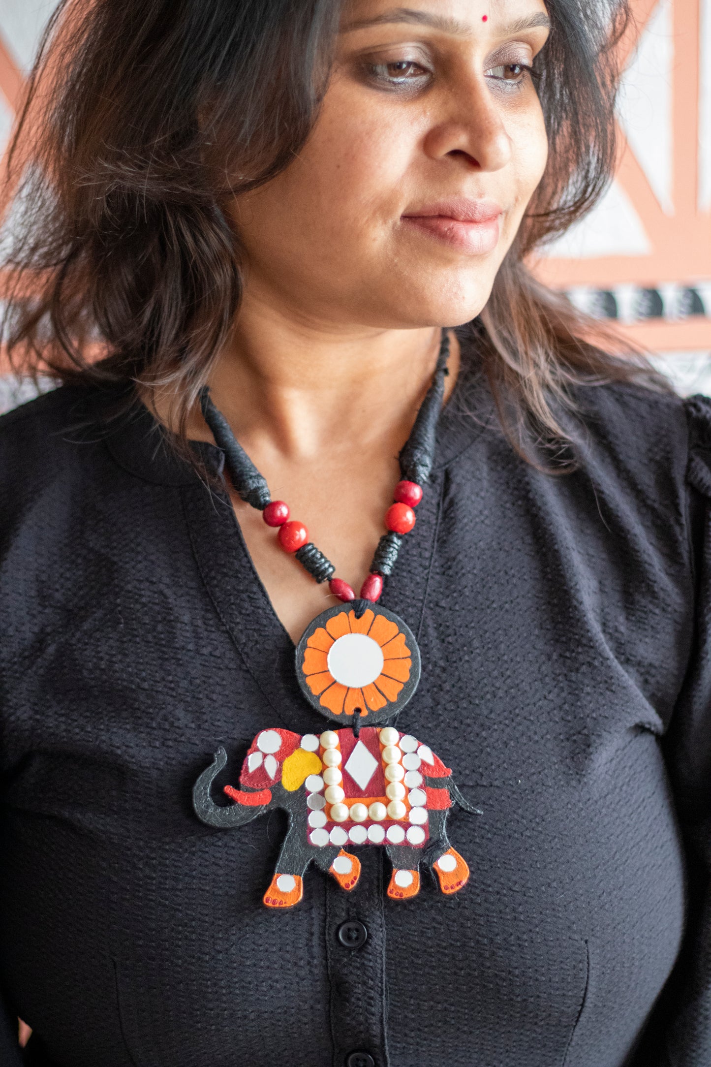 Hand-Painted Elephant Necklace with Beads And Mirrors