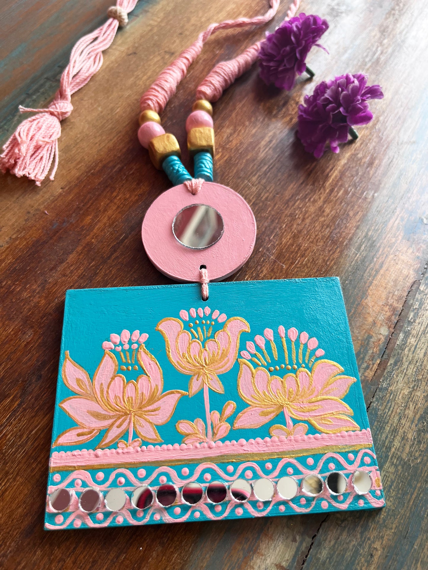 Hand-Painted Modern Lotus Necklace with Mirror work