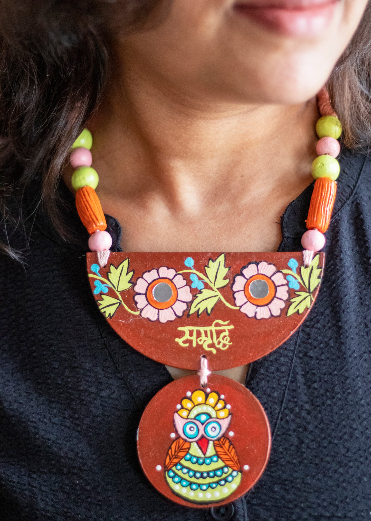 Hand-Painted Owl Necklace with "Samrudhi" Inscription