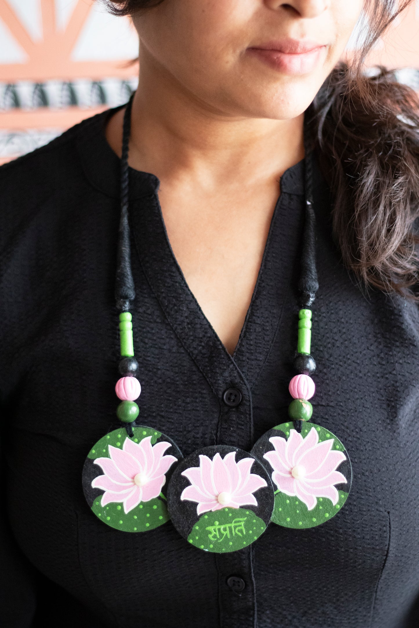 Hand-Painted Lotus Necklace with "Samprati" Inscription