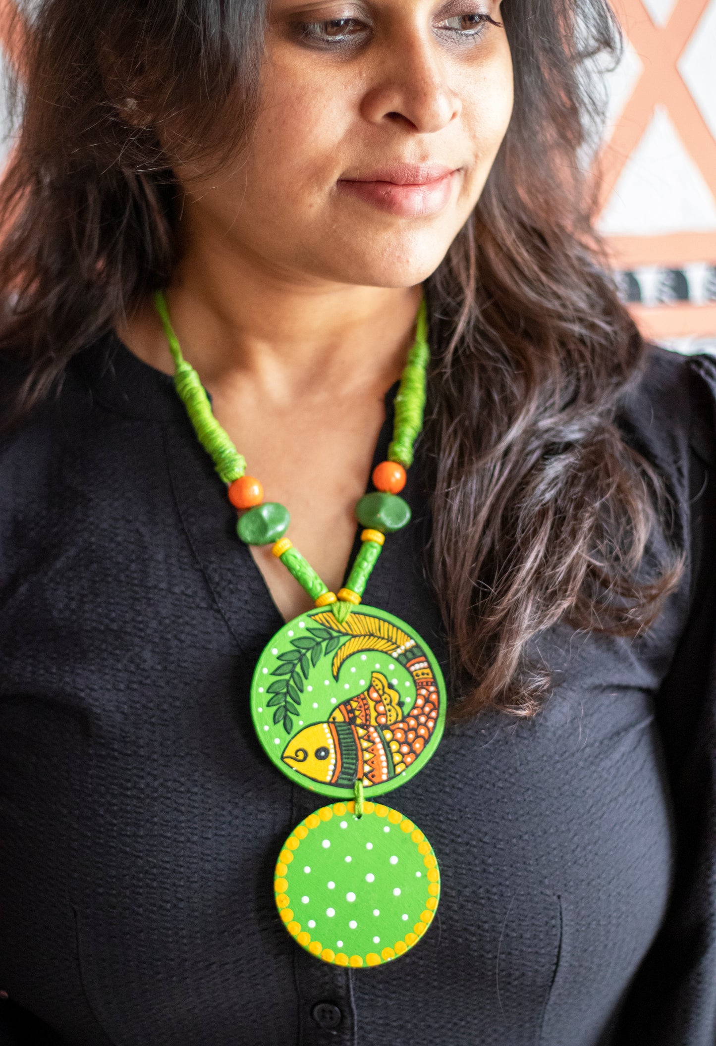 Hand-Painted Madhubani Necklace - Vibrant Fish Design
