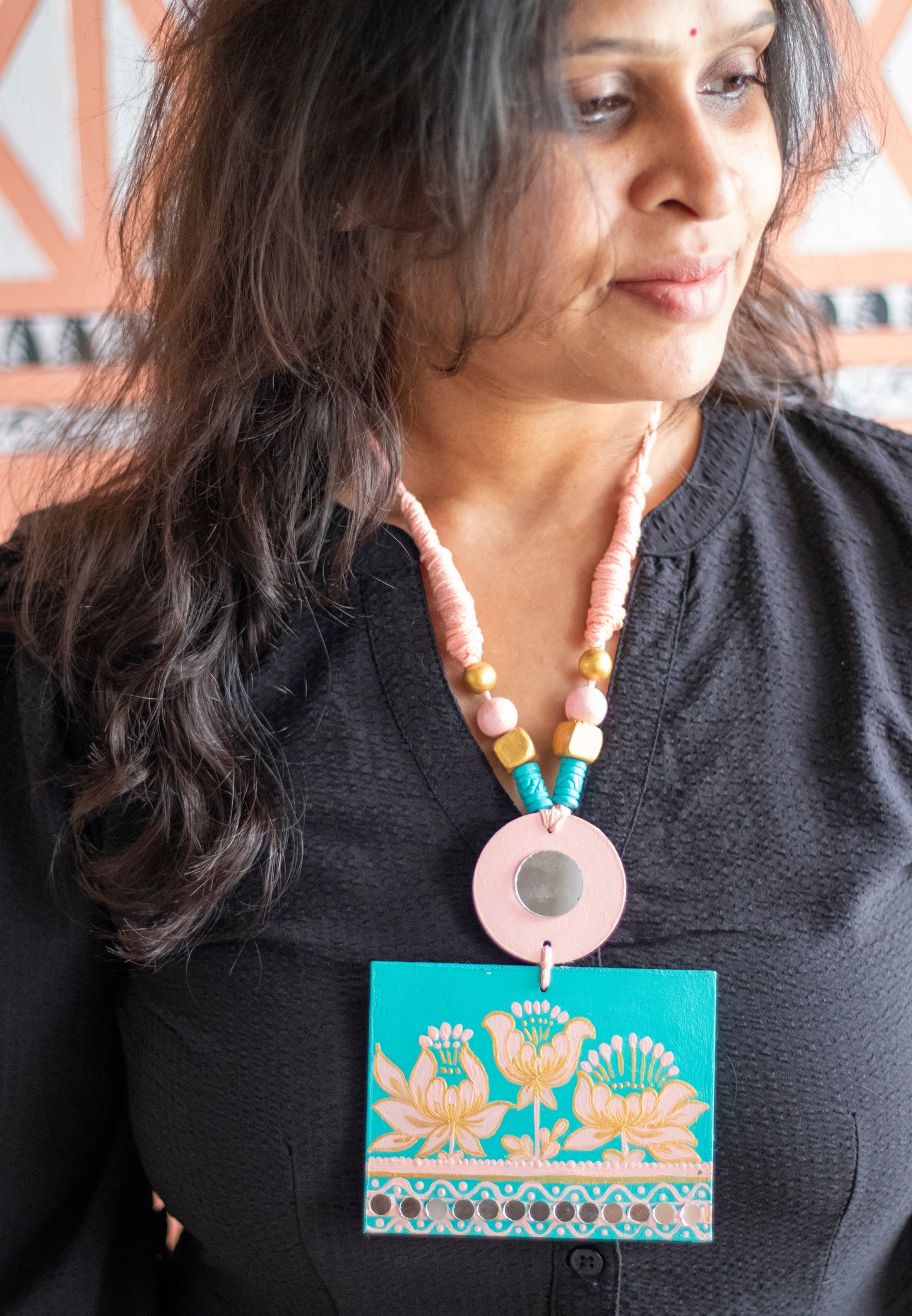 Hand-Painted Modern Lotus Necklace with Mirror work