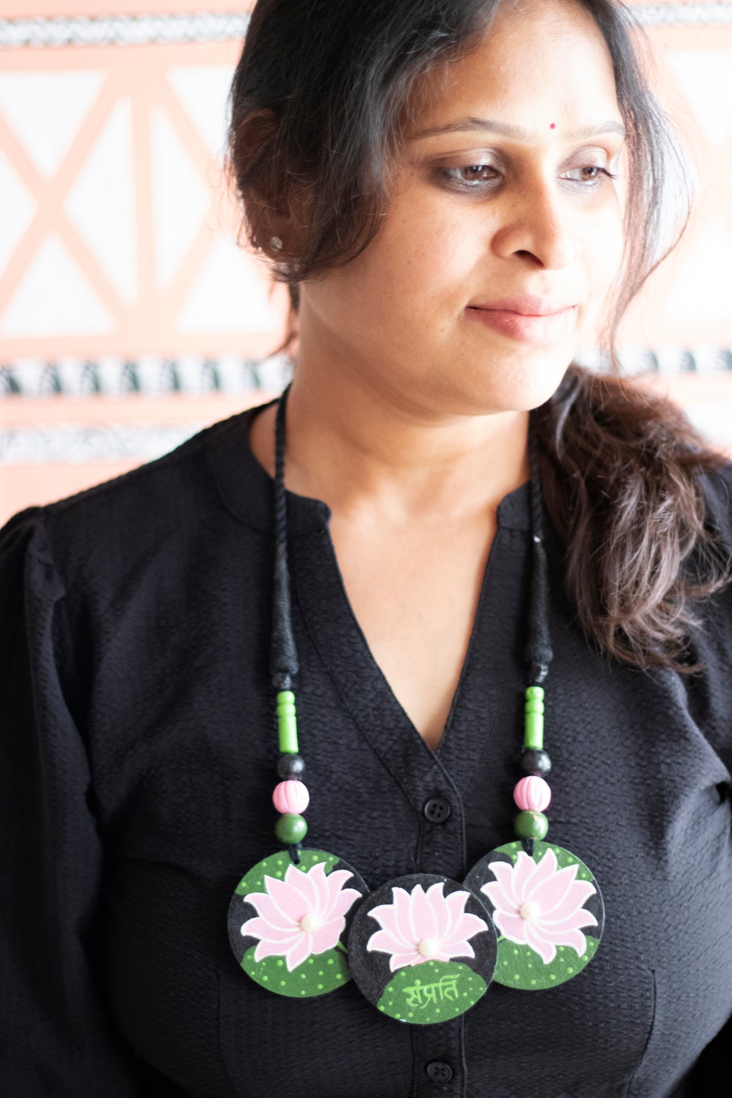 Hand-Painted Lotus Necklace with "Samprati" Inscription