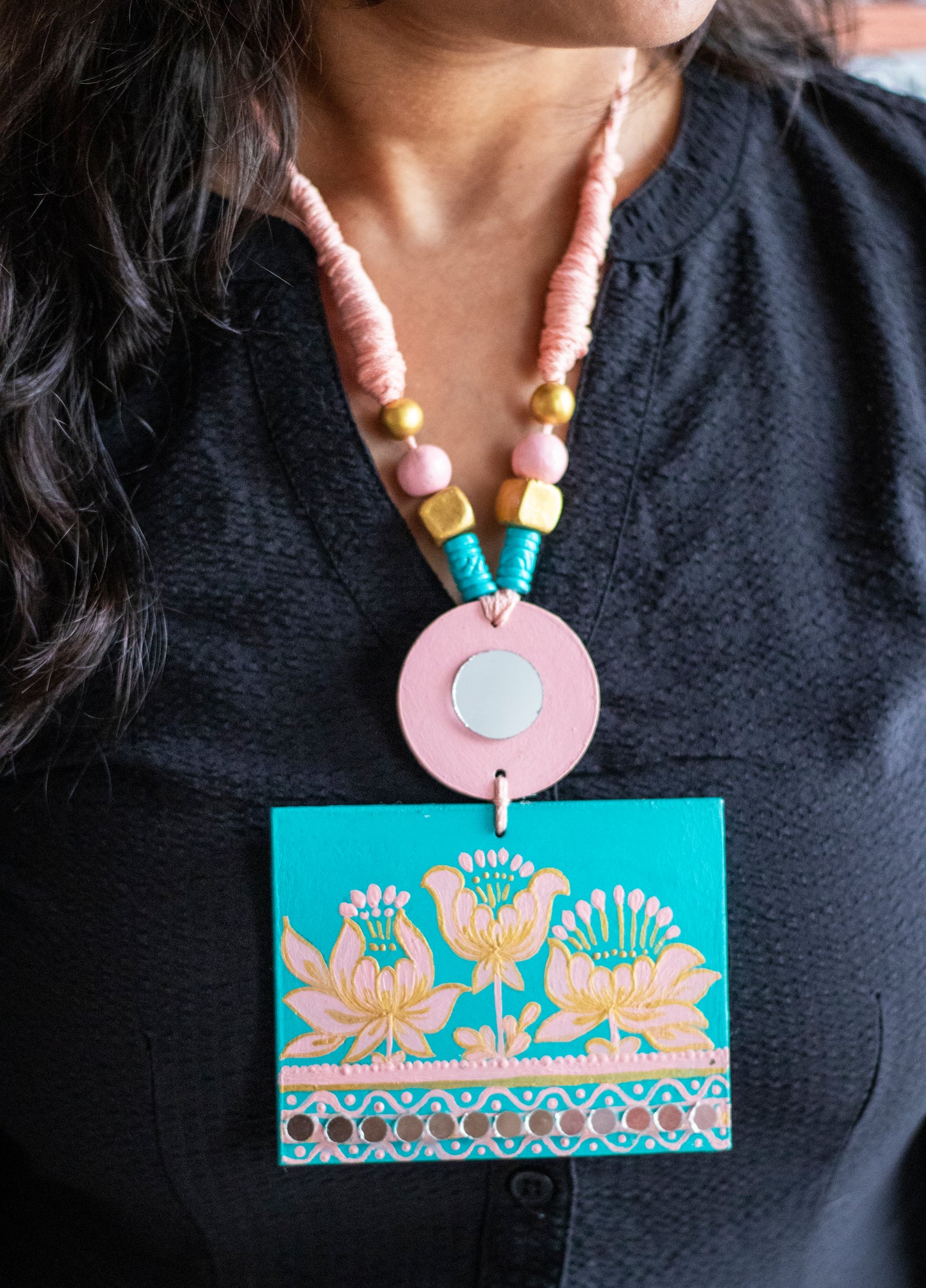 Hand-Painted Modern Lotus Necklace with Mirror work