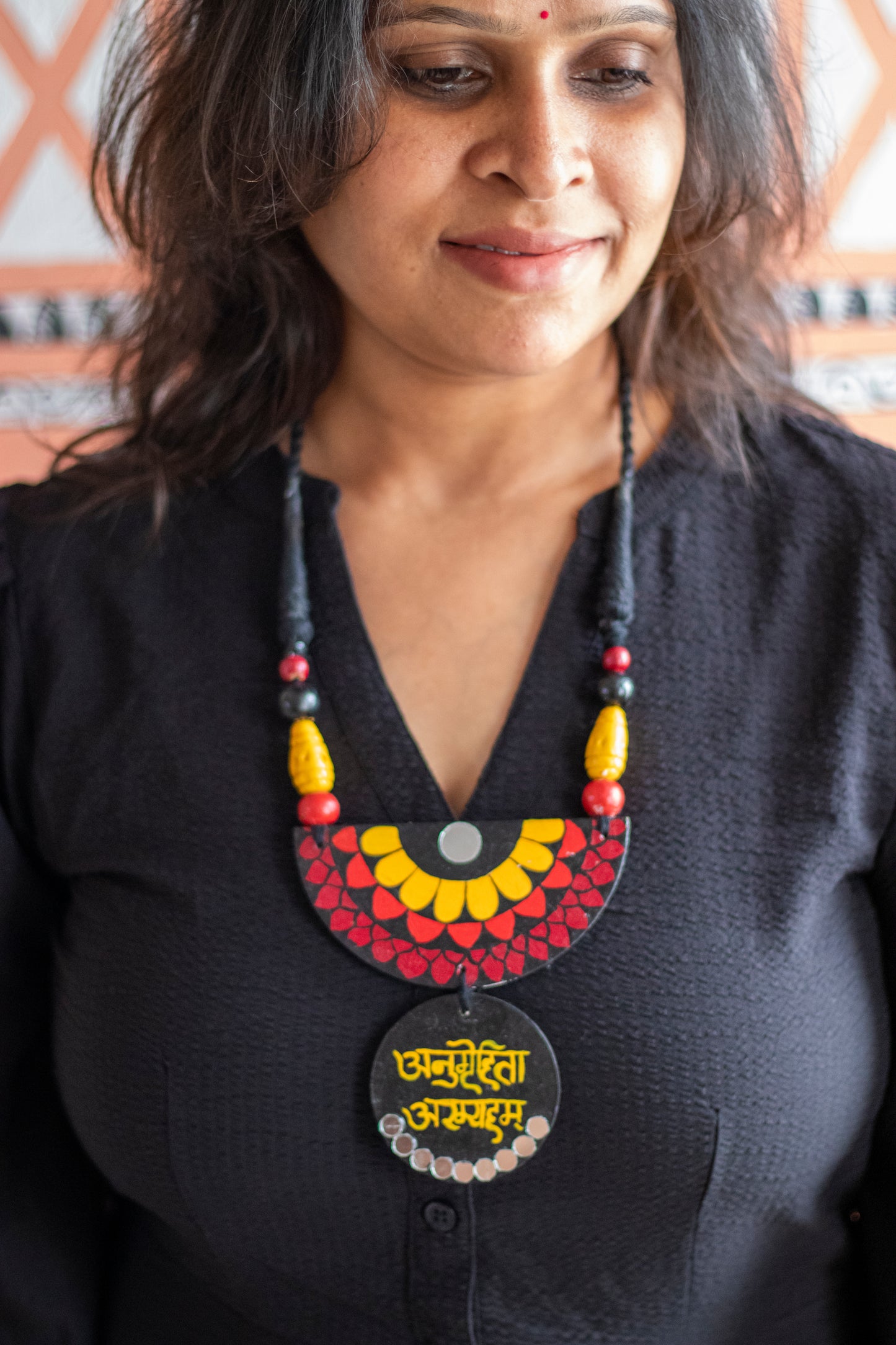Hand-Painted Necklace with Anugruhita Asmyaham Inscription