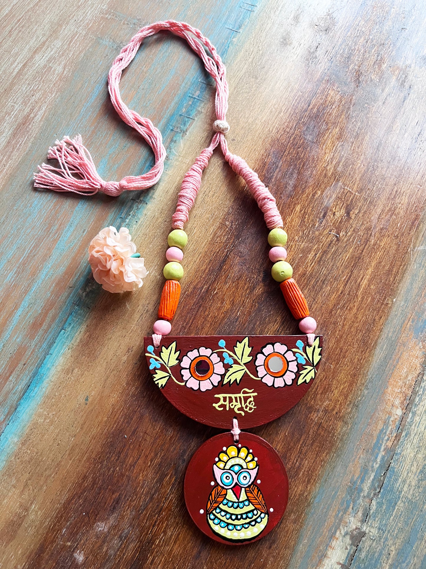 Hand-Painted Owl Necklace with "Samrudhi" Inscription