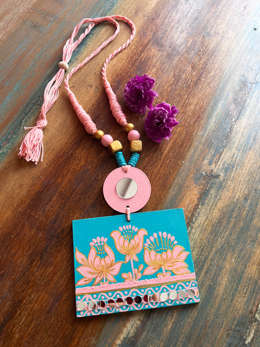 Hand-Painted Modern Lotus Necklace with Mirror work