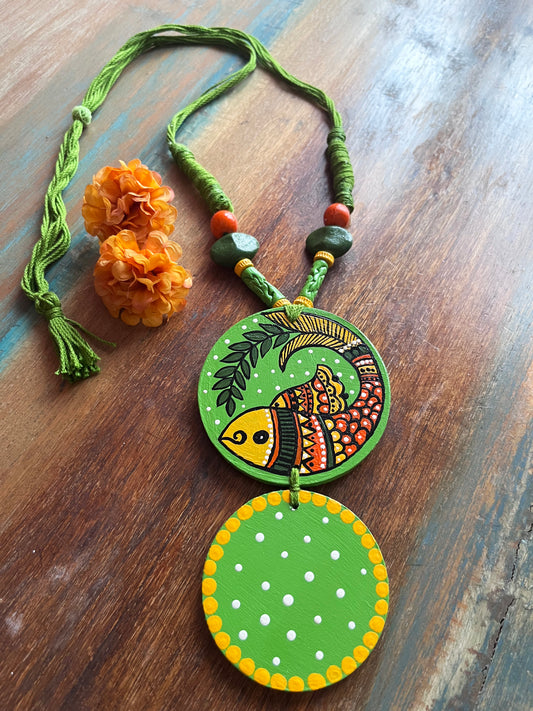Hand-Painted Madhubani Necklace - Vibrant Fish Design