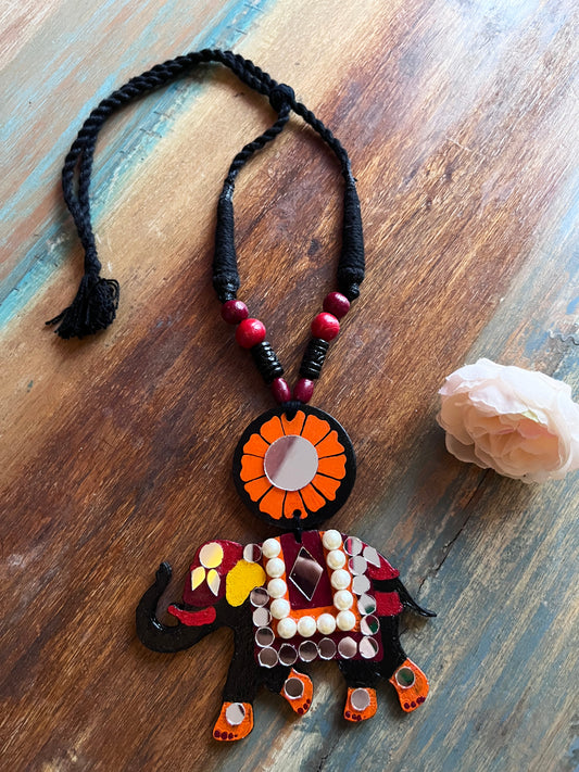 Hand-Painted Elephant Necklace with Beads And Mirrors