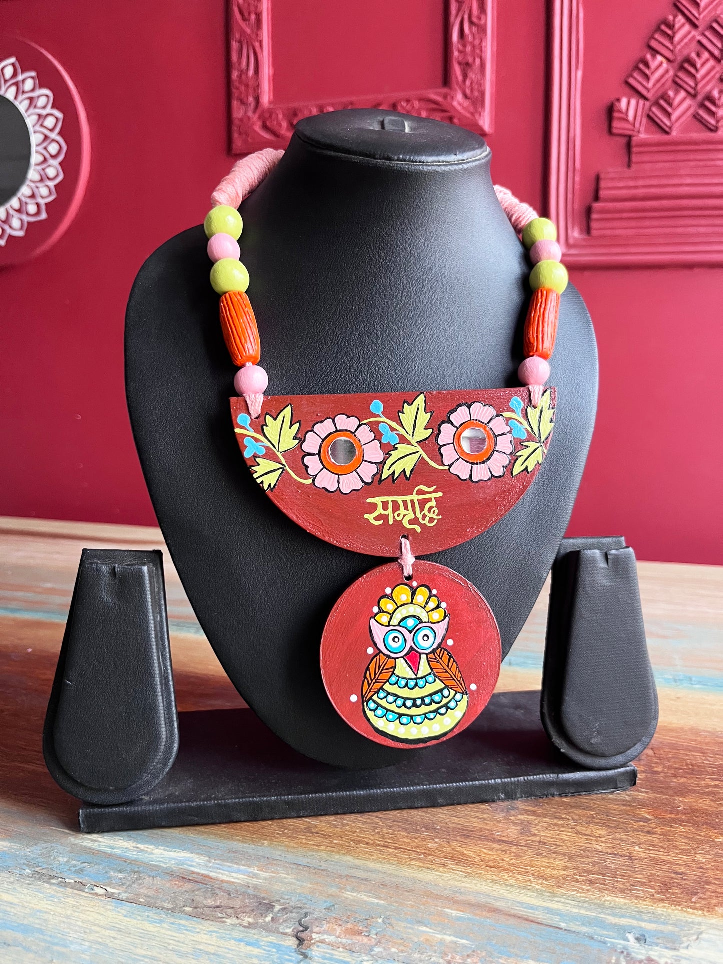 Hand-Painted Owl Necklace with "Samrudhi" Inscription