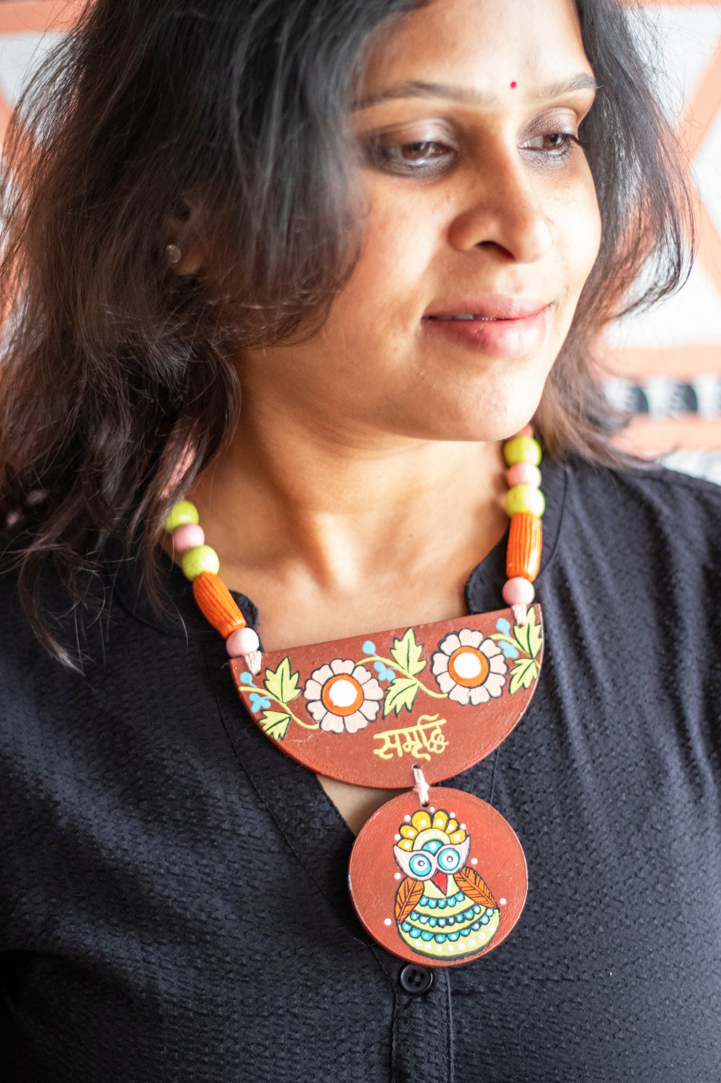 Hand-Painted Owl Necklace with "Samrudhi" Inscription